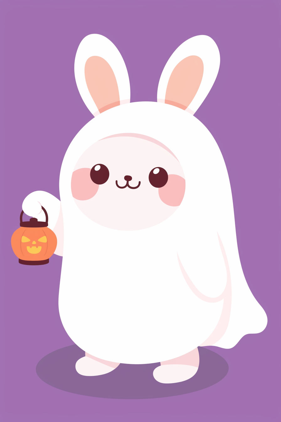 halloween cute animals drawings 2, illustration of a cute bunny dressed as a ghost, holding a tiny pumpkin lantern.